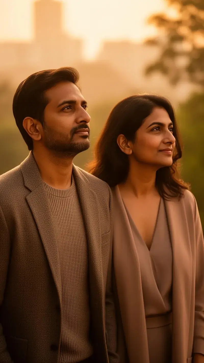 Mid-career professionals — a man and a woman — finding clarity and direction at golden hour